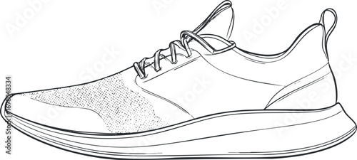 A detailed line art illustration of a modern athletic sneaker design. Black on transparent background.