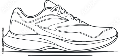 Outline illustration of a modern athletic sneaker designed for running and fitness activities. Black on transparent background.