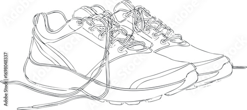 A minimalist line art illustration of athletic shoes with laces untied. Black on transparent background.