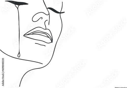 A minimalistic line art illustration depicting a face with a tear, expressing deep emotion. Black on transparent background.