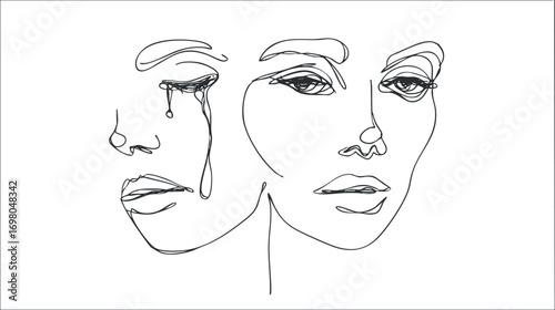 A minimalistic line art illustration depicting two female faces expressing sadness and emotion. Black on transparent background.