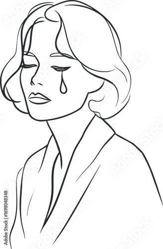 An elegant line art illustration of a woman expressing sadness and vulnerability with a tear. Black on transparent background.