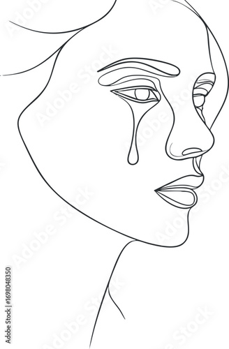 A minimalist line drawing of a woman's face with a teardrop expressing emotion. Black on transparent background.