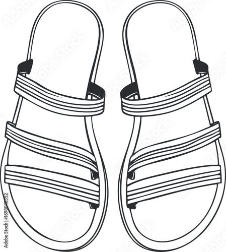 A simple line drawing of a pair of stylish sandals suitable for summer wear. Black on transparent background.