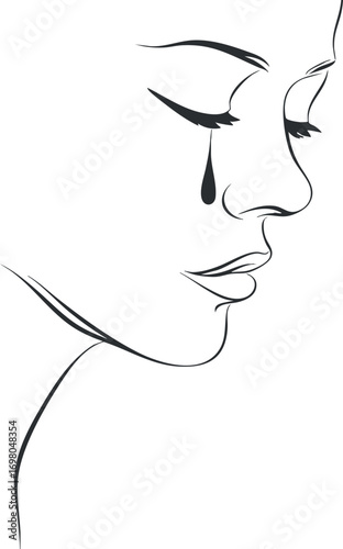A minimalist line art illustration of a woman with a tear, expressing emotion and sadness. Black on transparent background.