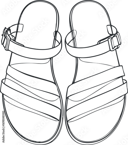 Line drawing of stylish sandals featuring straps and a buckle design for casual summer wear. Black on transparent background.