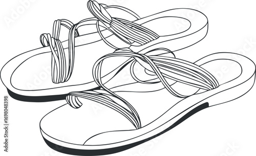 Illustration of a stylish pair of sandals with crossed straps suitable for summer wear. Black on transparent background.