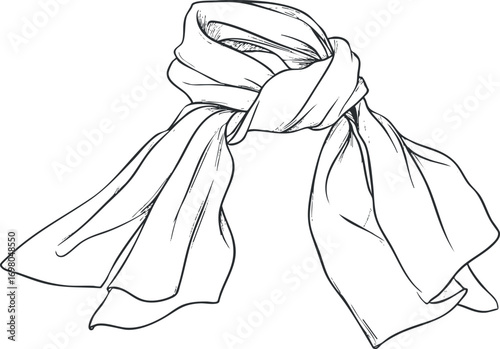 A stylish hand-drawn illustration of a knotted scarf, perfect for fashion and accessory designs. Black on transparent background.