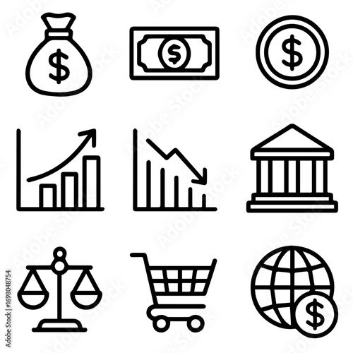 Financial Icons Money Bag Bill Coin Charts Bank Scales Cart Globe.