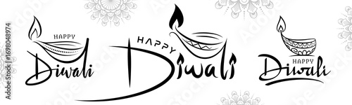 happy diwali festival text typography with decorative diya and mandala art creative illustration
