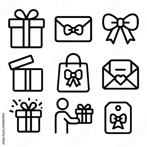 Gift icons set Presents envelopes shopping bag tag and person giving gift.