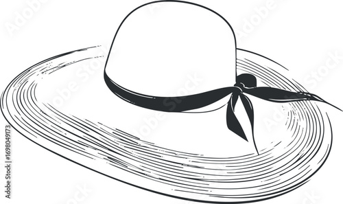 A stylish wide-brim hat with a ribbon perfect for summer outings and sun protection. Black on transparent background.