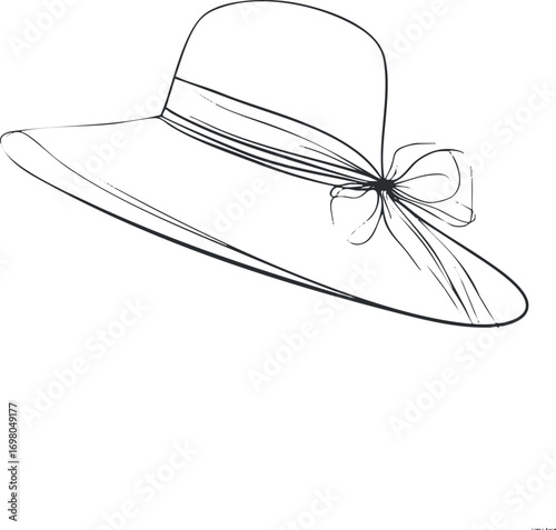 A stylish wide-brimmed sunhat illustration featuring a bow, perfect for summer fashion. Black on transparent background.