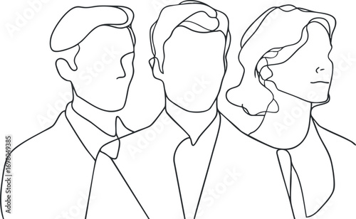 Stylized line art portrait of three people in a minimalist design showcasing connection and unity. Black on transparent background.
