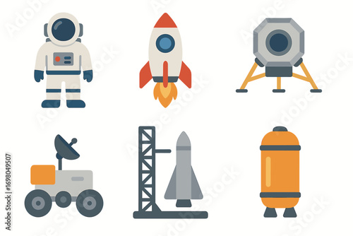 Space exploration icons: astronaut, rocket, lunar module, rover, launchpad, capsule