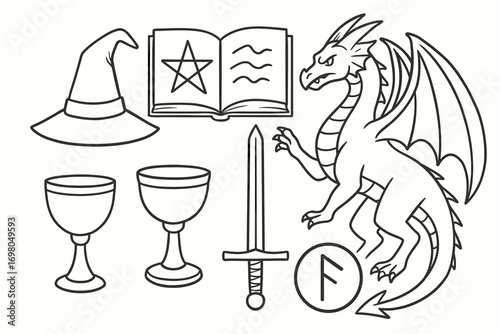 Fantasy symbols: wizard hat, spellbook, dragon, sword, chalices, rune