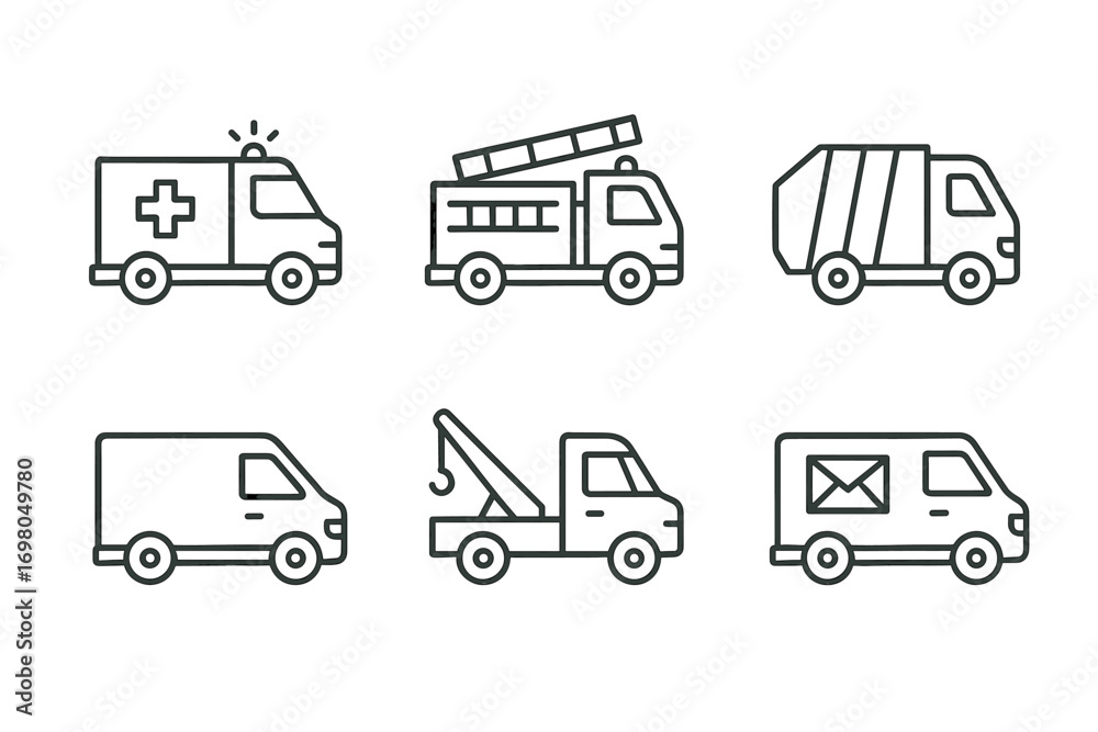 Emergency and service vehicles icons including ambulance fire truck tow truck Emergency and service vehicles icons including ambulance fire truck tow truck