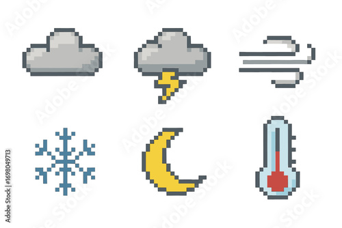 Pixel art weather icons: cloud, storm, wind, snowflake, moon, thermometer