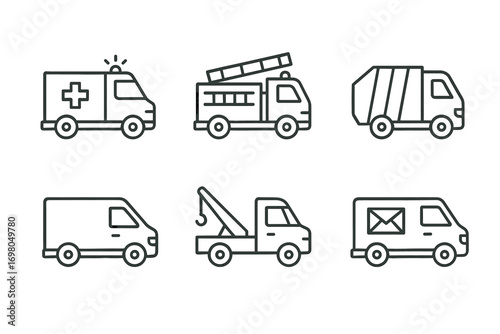 Emergency and service vehicles icons including ambulance fire truck tow truck