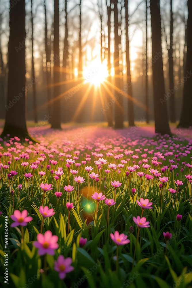 Obraz premium A vibrant forest floor covered in pink wildflowers, bathed in golden sunlight at sunrise.
