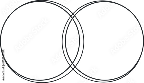 Two intersecting circles creating an abstract geometric design with overlapping shapes and symmetry. Black on transparent background.