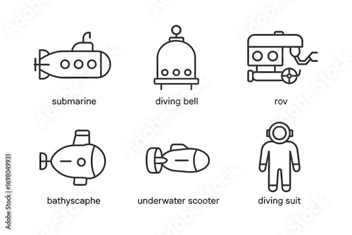 Illustrated icons of submarine, diving bell, rov, bathyscaphe, underwater scooter, diving suit