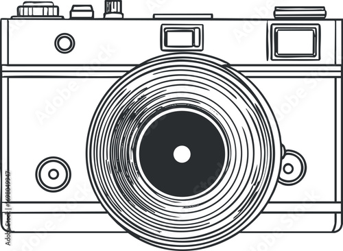 An outline illustration of a vintage camera showcasing its lens and features. Black on transparent background.