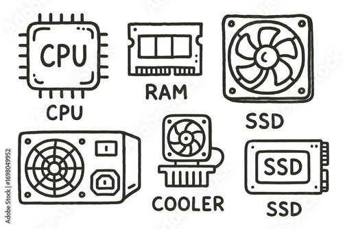Hand-drawn computer components illustration: cpu, ram, ssd, cooler, psu, fan