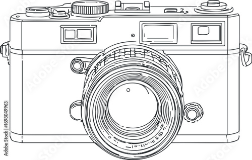 Outline illustration of a vintage camera showcasing its lens and design features. Black on transparent background.