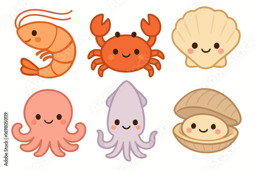 Cute cartoon sea creatures: shrimp, crab, shell, octopus, squid, clam with smiling faces