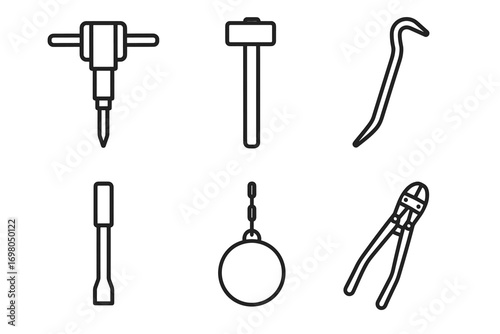 Outline icons of construction tools: jackhammer, sledgehammer, crowbar, chisel, wrecking ball, bolt cutters
