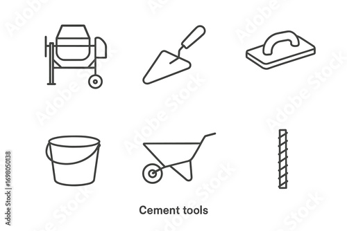 Essential cement tools: mixer, trowel, float, bucket, wheelbarrow, drill