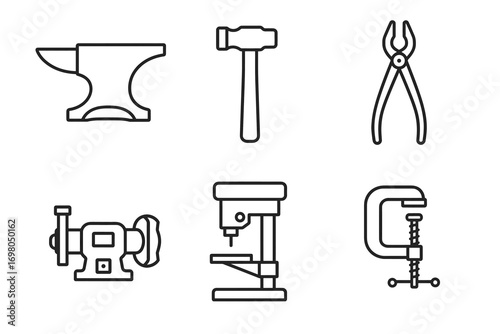 Set of six blacksmith tools: anvil, hammer, pliers, grinder, drill, clamp icons