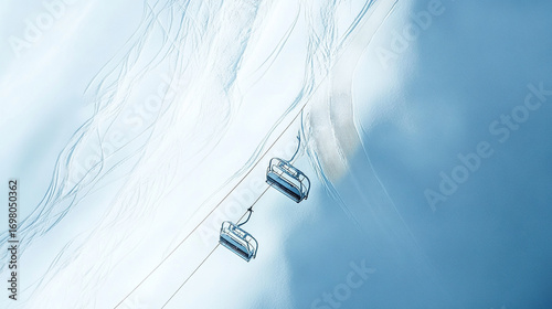 Aerial view depicts winter ski lift over vast snow covered landscape scene.