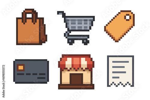 Pixel art shopping icons set: bag, cart, tag, credit card, store, receipt
