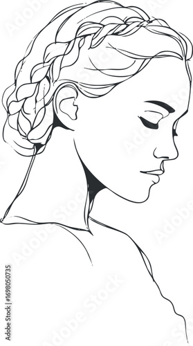Elegant line art illustration of a woman with braided hair in profile. Black on transparent background.