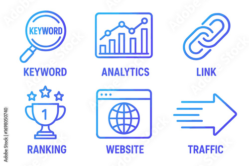 Seo icons: keyword, analytics, link, ranking, website, traffic