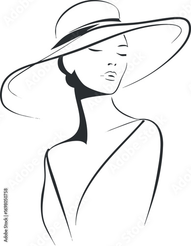 Stylish woman wearing a large hat in a minimalist line art illustration emphasizing elegance. Black on transparent background.