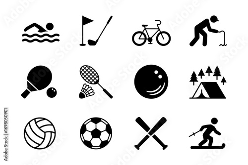 A diverse set of sports and recreational activity icons. Vector pictogram collection including swimming, golf, cycling, camping, and ball games.