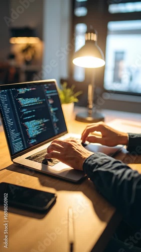 Man working on laptop, typing code on screen, illuminated by desk lamp, home office or workspace at night, developer at computer
