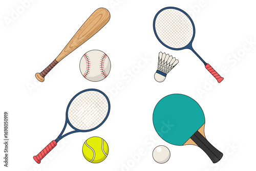 Collection of racket and bat sports equipment illustrations. Set of vector icons for baseball, tennis, badminton, and table tennis.