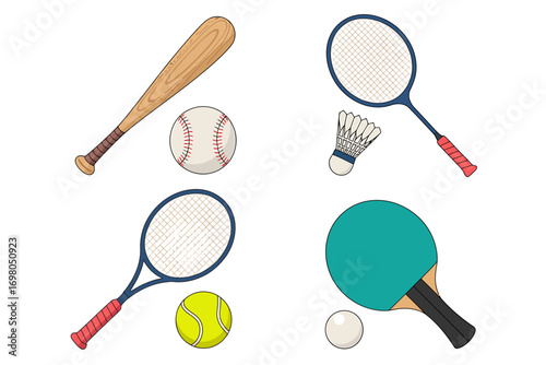 Variety of Sporting Equipment Baseball, Badminton, Tennis, and Table Tennis Elements Collection