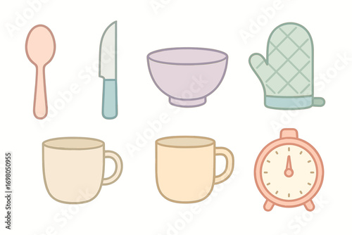 Pastel kitchen utensils and accessories including spoon, knife, bowl, mug, and timer