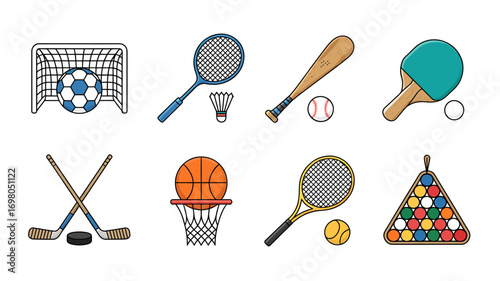 Collection of Diverse Sports Equipment and Game Icons Featuring Ball Games, Racquet Sports, and Winter Sports Gear