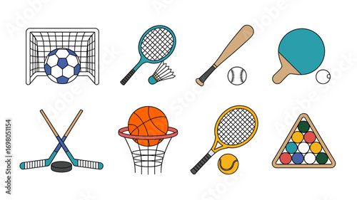 A diverse collection of colorful line art icons representing popular sports equipment. Vector illustration set for design projects.