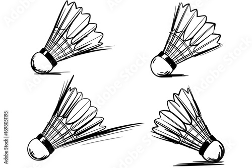 Collection of Hand-Drawn Badminton Shuttlecocks in Various Dynamic Poses