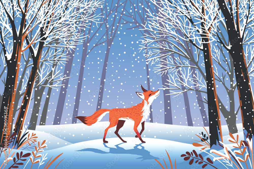 Fototapeta premium Winter vector landscape, nature panorama with red fox and trees under snow in the foreground, forest and flying snowflakes in the background. Can be used for gifts, banners, book covers etc.