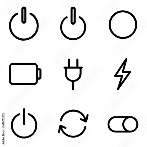 Nine Bold Black Line Icons Power Battery Plug Lightning and More.