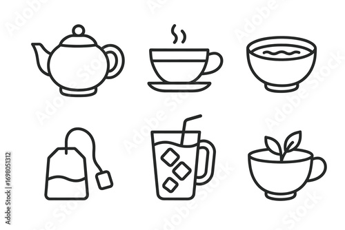 Tea set icons: teapot, cup, bowl, teabag, iced tea, herbal infusion