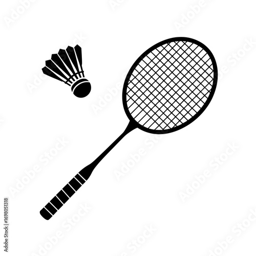 Minimalist badminton sport equipment icon with racket and shuttlecock. Black and white vector silhouette isolated on white background.